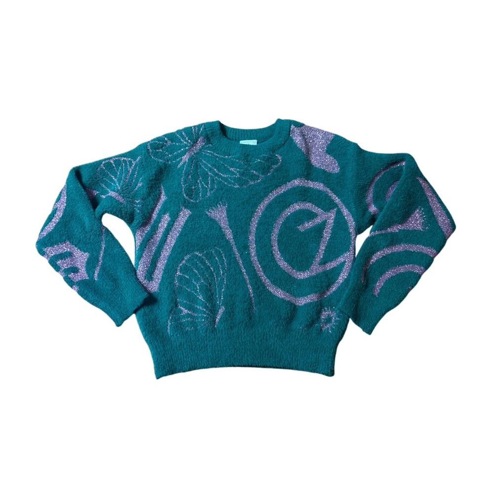 Wicked Movie Knit Sweater Kids Teal Pink Metallic Butterfly Graphic SIZE M 7/8